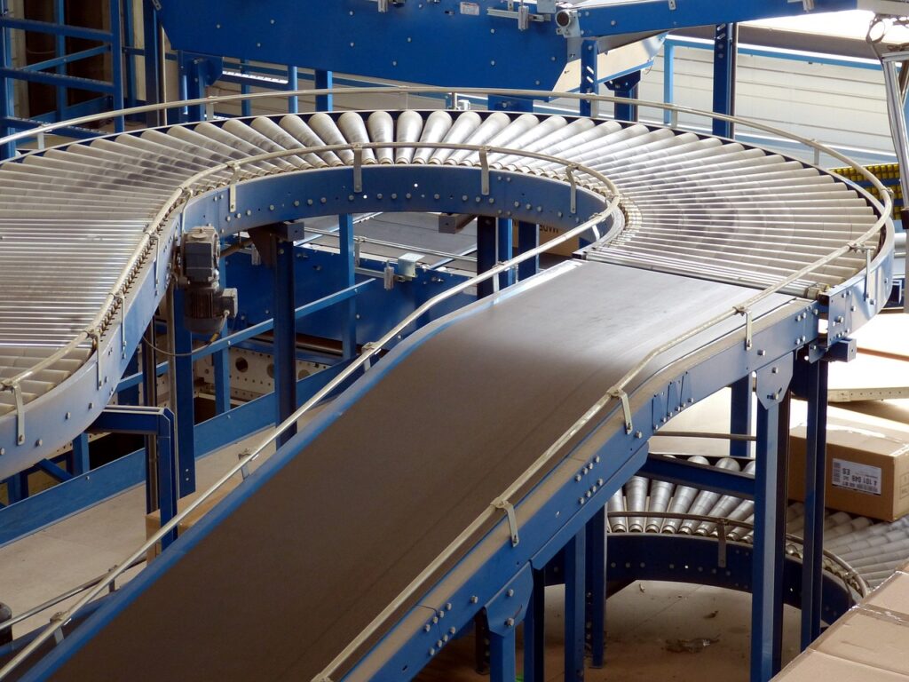 factory, plant, industrial hall, logistics, trade, nature, transport, warehouse, shelf, factory building, conveyor belt, tape
